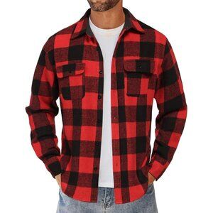 Men Red Flannel Shirts Long Sleeve Cotton Plaid Shirt Casual Button Down Shirt